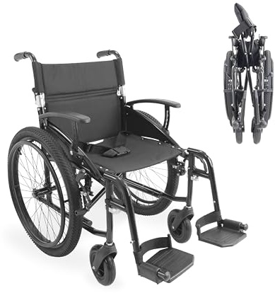 KMINA Fauteuil Roulant Tout-Terrain Léger et Pliable en Aluminium (Assise 46 cm), Dossier et Repose-Pieds Rabattables, Accoudoirs Réglables, Ceinture et Frein à Main