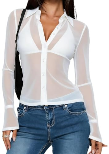 Caziffer Tee Shirt Femme Transparent Chemise Femme Boutonné Col à Revers Haut Chic et Élégant Manche Évasée Vêtement Décontracté pour Femmes (Blanc, S)