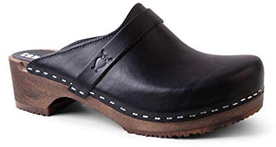 Sandgrens Handmade Swedish Wood Clogs for Women, Low Heel Mule US 10 | Tokyo Black Veg Tan DK, EU 41