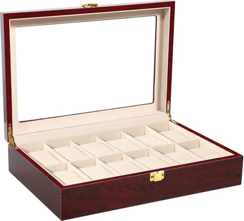 Uten Uhrenbox mit 12 Fächern, Uhrenkasten aus Massivholz, mit Glasdeckel, Uhrenkoffer mit herausnehmbaren Uhrenkissen