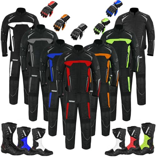 PROFIRST Motorbike Suit Gloves Motorbike Boots Shoes 2 Piece Suit Rider Bike Motorcycle Waterproof Suit Jacket with Trouser Gloves Boots CE Armour All Weather for Men's (BLACK, XL)
