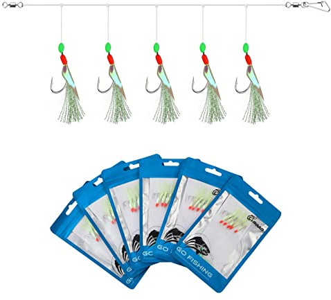 Luroad 6 Sea Fishing Rigs 30 Ganci, pre Legato Piume di Sgombro Rigs con Perline Luminose Bionic Flying Insects Lure Rigs per sgombro, Pollock, Merluzzo, Aringa (Flash fluro, gancio misura 16)