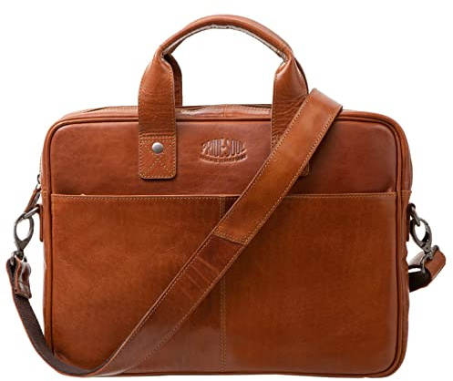 Pride and Soul 47608 - Laptoptasche Surprise, Notebooktasche für 12 Laptops, Umhängetasche aus Echt Leder, Tasche für Büro und Freizeit, Schultertasche ca. 30 x 38 x 6,5 cm, Cognac
