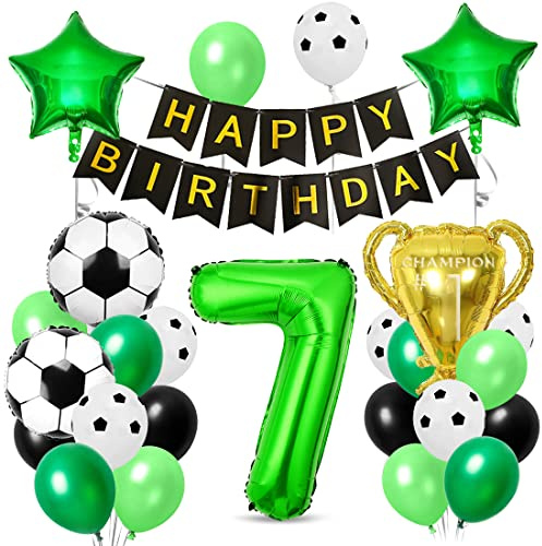 Globos de Cumpleaños Fútbol 7 años, Globos de Aluminio Fútbol, Decoraciones para Fiesta de Futbol, Globo de Latex Verde Negro Blancos, para Niños Fiesta Temática Cumpleaños Decoracion