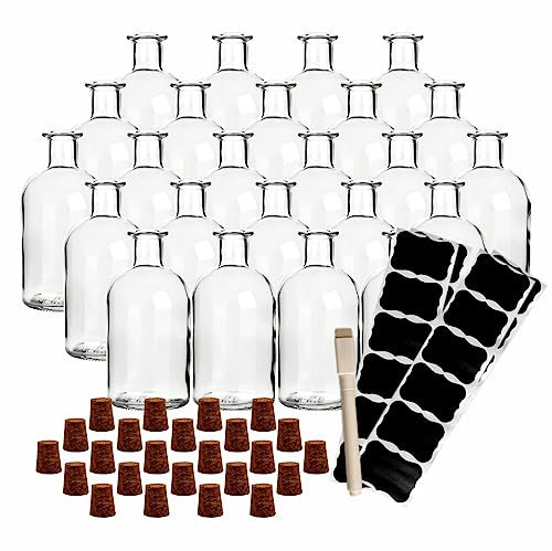 gouveo 24er Set Glasflaschen 250 ml Apotheker mit Korken (SK) - Runde Flasche zum Befüllen - Leere Apothekerflasche für Likör, Öl, Essig (AFRT250SKE)