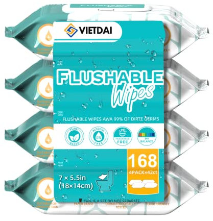 VIETDAI Flushable Toilet Wipes for Adults Flushable Wet Wipes, with Aloe Vera Vitamin E and Chamomile Butt Wipes Septic and Sewer Safe Moist Toilet Wipe -168 Count