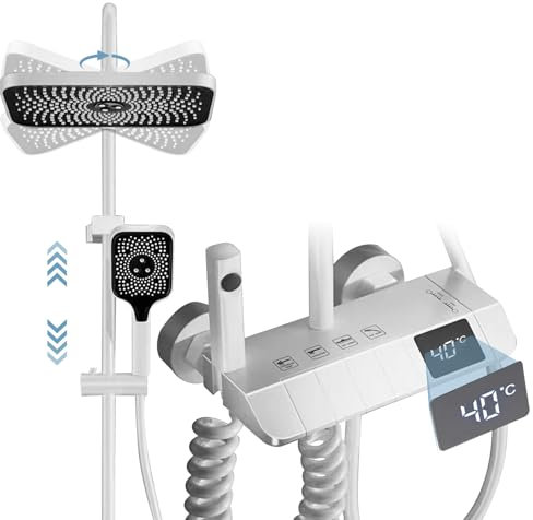 Duschsystem mit Thermostat, LED Digitalanzeige Mischbatterie Duschsäuleset, Handbrause mit 3 Strahlstärken, Duschset mit Armatur, Verstellbare Duschstange und Eckige Kopfbrause (Weiß)