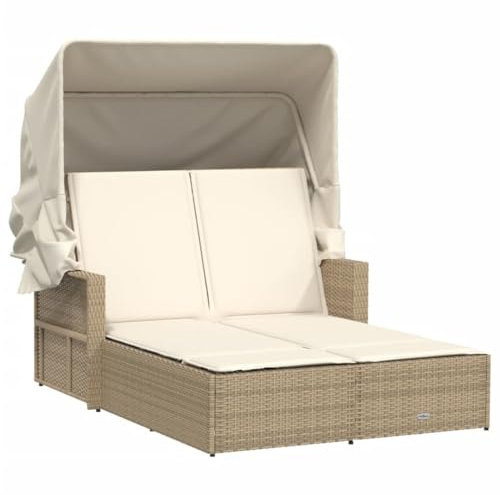 vidaXL Doppel Sonnenliege, Sonnenbett mit ausziehbarem Sonnendach, Doppelliege mit Verstellbarer Rückenlehne, Gartenmöbel Gartenliege, Beige Poly Rattan