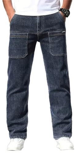 Oanviso Jeans de Ajuste Relajado de Hombre Pantalones Vaqueros Holgados Denim Jeans Vintage Hip Hop Slim Fit Pantalone Casuales Elasticos Pantalón Jeans Largo B Azul Oscuro XL