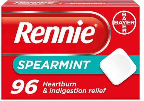 Rennie Spearmint Flavour Antacid, Heartburn and Indigestion Chewable Tablets, 1 pack of 96 tablets - Gets to work in 60 seconds for fast and effective heartburn relief
