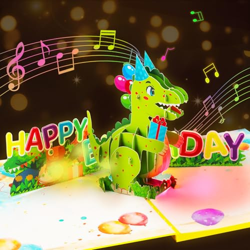 GREETING ART Tarjeta desplegable de dinosaurios, divertida tarjeta de cumpleaños 3D para niños, tarjetas de cumpleaños pop up con música y luz, tarjeta de felicitación para cumpleaños infantil de