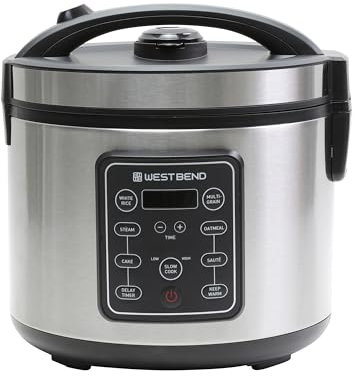 West Bend Rice & Grain Multi Cooker Programmable with 9 Preset Functions, Features Delay Start and Keep Warm Functions and Steam Basket, 20 Cups Cooked (10 cups uncooked), Stainless Steel