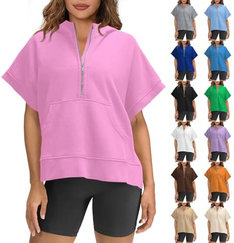 Sudadera para mujer de gran tamaño, con media cremallera, camisa de ocio, manga corta, camiseta deportiva sin capucha, suelta, cómoda, suelta, ropa para todo el día, camiseta de verano con bolsillos,