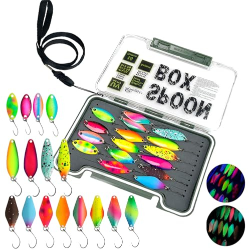 Spoons - Set di 16 esche per trota, attiva e autoilluminanti, Machilea Spoon con scatola, freccia per trote, 1,6 g/2,5 g/3,5 g
