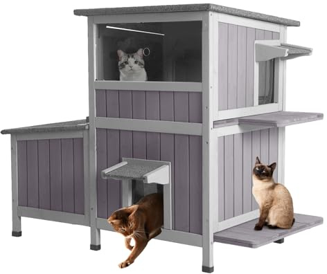 Aivituvin Outdoor Cat House, Wooden Two-Story Feral Cat Shelter Outside, Weatherproof Kitty Home with 3 Escape Doors, Window and Removable Floors, Cat Condo Indoor (Grey, XL)