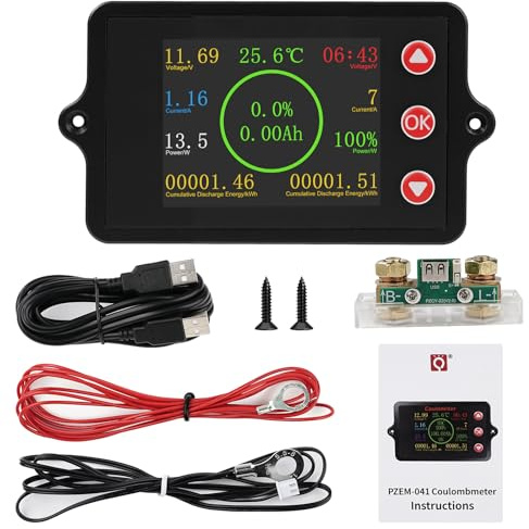 Monitor de Batería DC8-100V Comprobador de Baterias Pantalla a Color Battery Monitor Corriente/Tensión/Potencia/Capacidad restante/Conteo de ciclos Derivador de Cobre-manganeso 300A + USB 2 m
