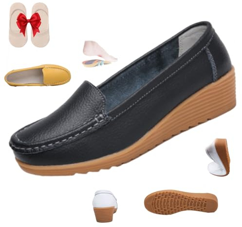 HESYSUAN Mocasines ortopédicos para mujer en cuero transpirable, plataforma ortopédica de cuña, suela suave, mocasines cómodos y antideslizantes, Black, 35 EU
