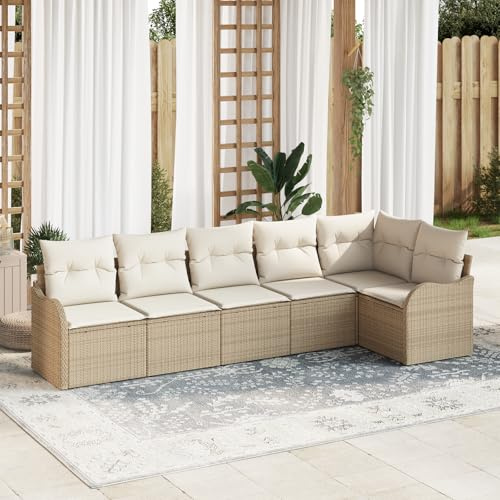 RMIHSJG Set di 6 divani da giardino con cuscini beige in polyrattan, mobili modulari per esterni, in poliestere resistente alle intemperie, piedini regolabili, comodo gruppo di seduta,