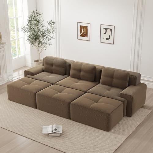NuvlaGu Sofá modular de esquina con función de cama, Tejido de pana suave de 3 plazas, Sofá sin marco con 3 reposapiés, Cómodo sofá cama para salón y apartamento, Marrón