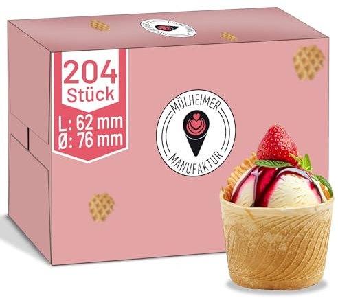 MyNaschbar Waffelbecher VEGAN rund, 204 Stück, 150 ml, 62 mm lang, Ø76 mm – Knusprige Softeisbecher zum Befüllen – für Eis, Softeis oder als Backform für Muffin & Cupcakes