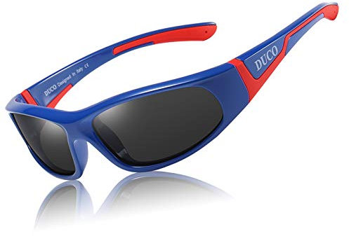 DUCO Kids Sports Style Polarised Sunglasses Rubber Flexible Frame For Boys Girls Baby and Children K001 (Blue Red 001 For Age 3-10)