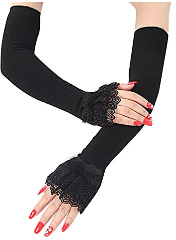 Nerz-warme Hülsen-Frauen-Lange Handschuhe Wolle-Kaschmir-Armstulpen Wolle-Spitzen-Handschuhe Set Halloween (Black, One Size)