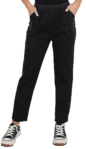 Cherry Berry Ladies Trousers Full Length Mom Jeans for Women UK Full Elasticated Waist Pants for Women's Casual Wear Stretchy and Comfy Straight Fit Womens Jeans Black