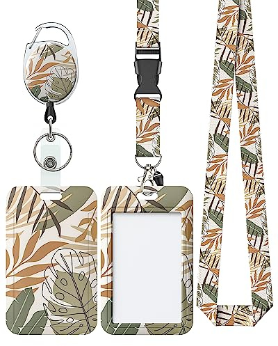 Uniclife Porta Tarjetas Deslizante Floral Funda de Plástico Hojas de Monstera con Clip de Retráctil y Correa de Cordón Portatarjeto Identificación Vertical para Carné Escolares Estudiante de Oficina
