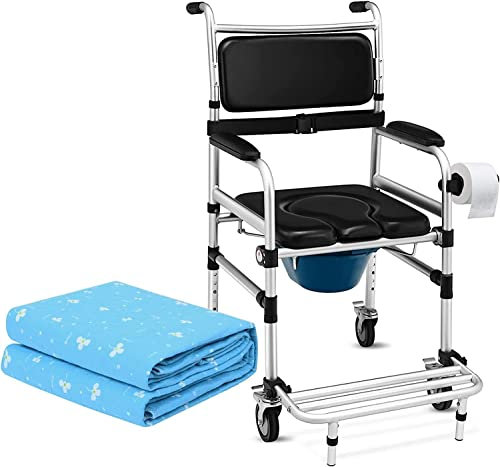 Suuim Mobile Nachtkommoden, Duschstuhl mit waschbaren Bettauflagen und Papierhandtuchhalter, Toilettenrollstuhl, höhenverstellbar, mit abnehmbarem Topf, klappbarem Peda