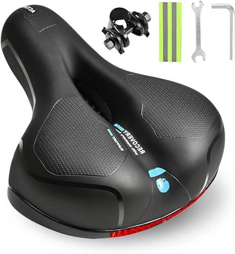 Trkimal Comfort Bike Seat- Padded Soft Bike Seat Cushion Memory Foam Waterproof Wide Bike Saddle with Reflective Strip & Setting tools Dual Shock Absorbing Rubber Balls Fit for Indoor/Outdoor Bikes