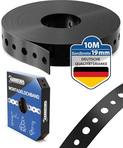 GARSIDURO Ruban perforé de montage avec revêtement en plastique - 19 mm x 10 m - Ruban perforé professionnel noir - pour fixation de câbles, de conduites et de tubes - Bande de montage flexible, acier