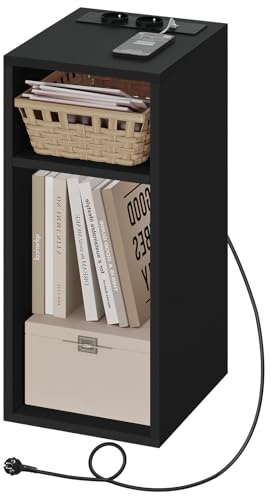 WOLTU Comodino con Prese e Porte USB, per Camera da Letto Stretto, Comodino Salvaspazio con 2 Scomparti Aperti, per Soggiorno, Cameretta, in Legno, 25x30x60cm, NTS06sz