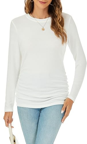 Famrrifuu Maglia Manica Lunga Donna Collo Rotondo Maglietta Elegante Basic Top Bluse Autunno Inverno T-Shirt,Bianco,S