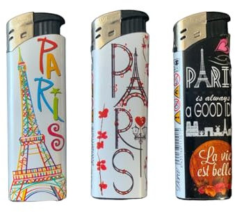 Mecheros Desechables con Diseños de París, Surtido de 3, Tamaño Aprox. 9 x 12,5 x 13 cm