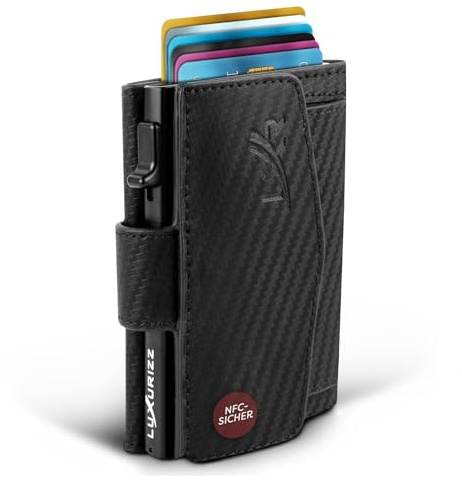 Luxurizz Smart Wallet in Carbon Optik aus echtem Leder schwarz - Slim Wallet mit Münzfach & RFID-Schutz - praktisches Kartenetui mit Slider - Carbon Geldbörse Herren & Damen für 10 Karten