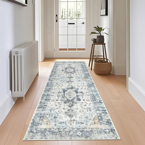 SHACOS Boho Teppich Läufer Flur rutschfest 60x180 cm, Küchenteppich Waschbar, Teppichläufer Schlafzimmer Weich Flauschig Flurläufer Vintage Teppich Läufer für Flur, Küche, Eingang, Blau
