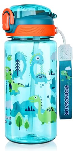 flintronic 600 ml drickflaska för barn med sugrör, BPA-fri barnvattenflaskor, sportvattenflaska med läckagesäkert lock för flickor och pojkar, blå
