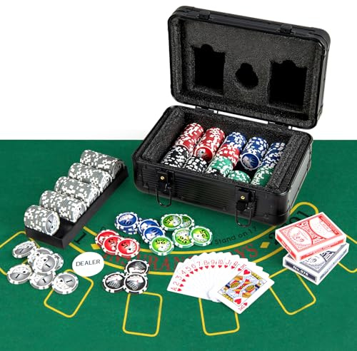 COSTWAY Set da Poker Completo con 300 Finches e 2 Mazzi di Poker, Valigetta in Alluminio a 2 Chiavi con Tappetino e Bottone Dealer, Fish Poker per Texas Holdem e Blackjack