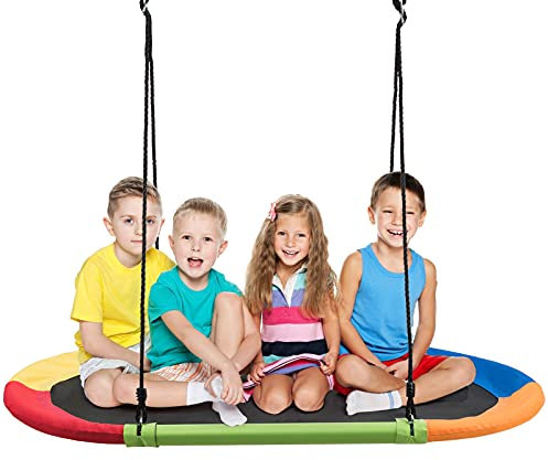 GYMAX Kids Nest Oval Swing with Height Adjustable Hanging Ropes, Indoor Outdoor Tree for Playground Garden Backyard, Holds Up to 150kg (Colorful, 150x80x100-160cm)