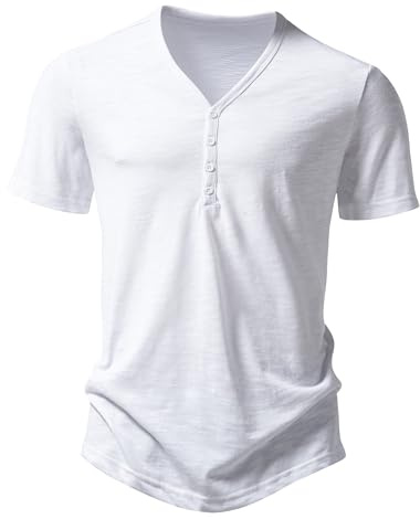 Henley, maglietta da uomo a maniche corte, vestibilità aderente, casual, estiva, con scollo a V, con bottoni, bianco, L