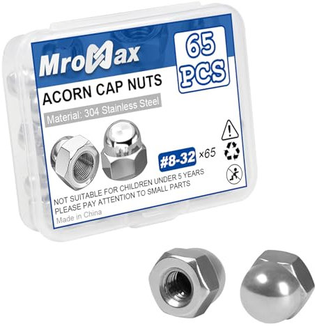 #8-32 Acorn Cap Nuts, 65Pcs 304 Stainless Steel(18-8) Crown Cap Nut for Bolt, Dome Head Hex for Indoor Outdoor, Bright Finish, 5/16 in Hex Wd