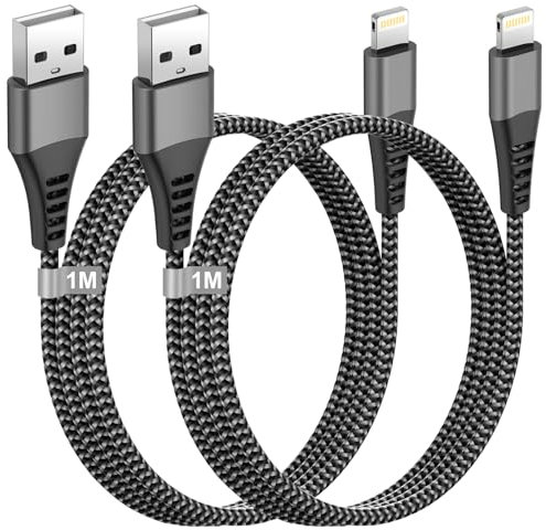 Câble iPhone 1M 2Pack [Certifiés Apple MFi], Câble Chargeur iPhone Câble Lightning USB Nylon Cordon i Phone Fil Chargeur i Phone Charge Rapide pour Apple i Phone 14/13/12/11 Pro Max/XS/XR/X/8/7/6/5