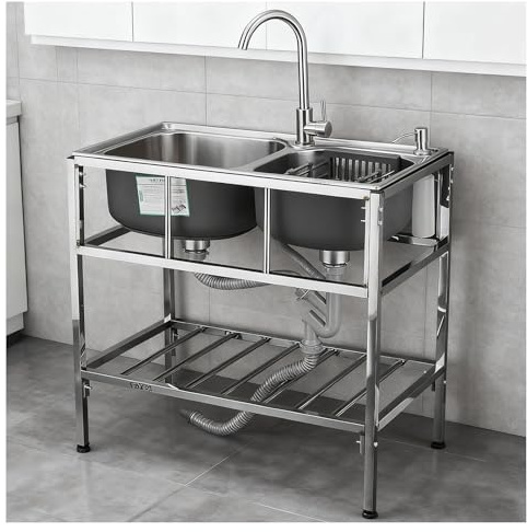 Lavello in Acciaio Inossidabile Design a Doppia Vasca Include Portasciugamani e Ripiano Portaoggetti Lavandino da Cucina H75 Cm (29,5) Finitura Spazzolata Dotato(29.5x15.7x29.5)