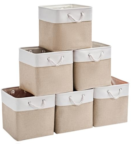 VIIHTYISA Set da 6 scatole portaoggetti cubiche 30x30 cm in tessuto, con manici in corda di cotone, per riporre abiti, cameretta dei bambini e casa (Cachi/Bianco)