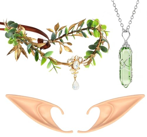 MWOOT Älvor huvudbonad elfenöron vintage kristall hänge halsband, skogsfe bladkrona med elfenöronset, älvor kostym tillbehör för karneval halloween cosplay renoveringsfest