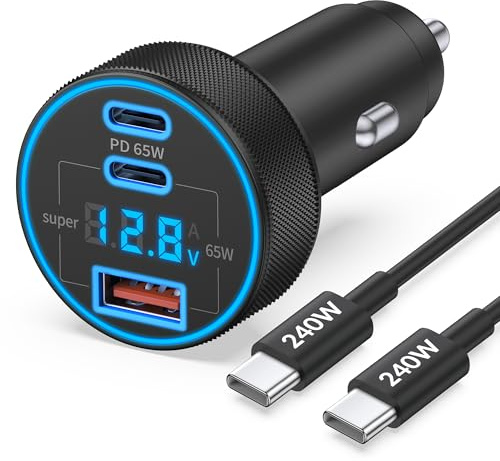 130W 3-Port USB C Super Fast Car Charger (with Voltage Display) for Samsung Galaxy S26/S25/ S24/S23/S22 Ultra/Z Fold/Flip, Android Phone, Type C Car Charger Adapter Accessories + 240W 3FT USB C Cable