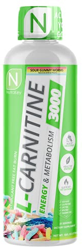 NutraKey L-Carnitine 3000mg, No Sugar, Gluten Free, Turn Into Fuel, (Sour Gummy Worms) 31 Servings