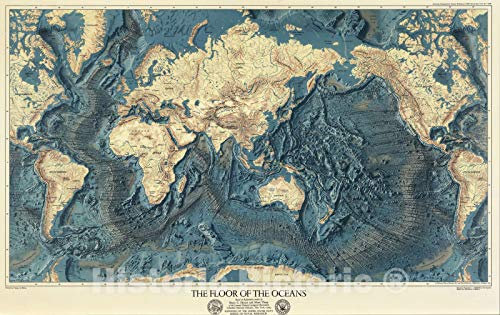 Mapa de pared, mundo - Suelos del océano y alivio de la tierra. 1976 - Arte de pared vintage - 44 x 28 pulgadas