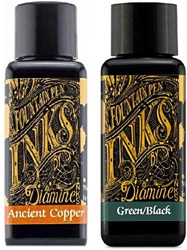 Diamine Fountain Pen Ink 30ml Ancient Copper & Green Black - 2 Pack