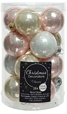 Bolas de Navidad de cristal, 35 mm x 16 unidades, color rosa claro, rosa pálido, blanco invierno
